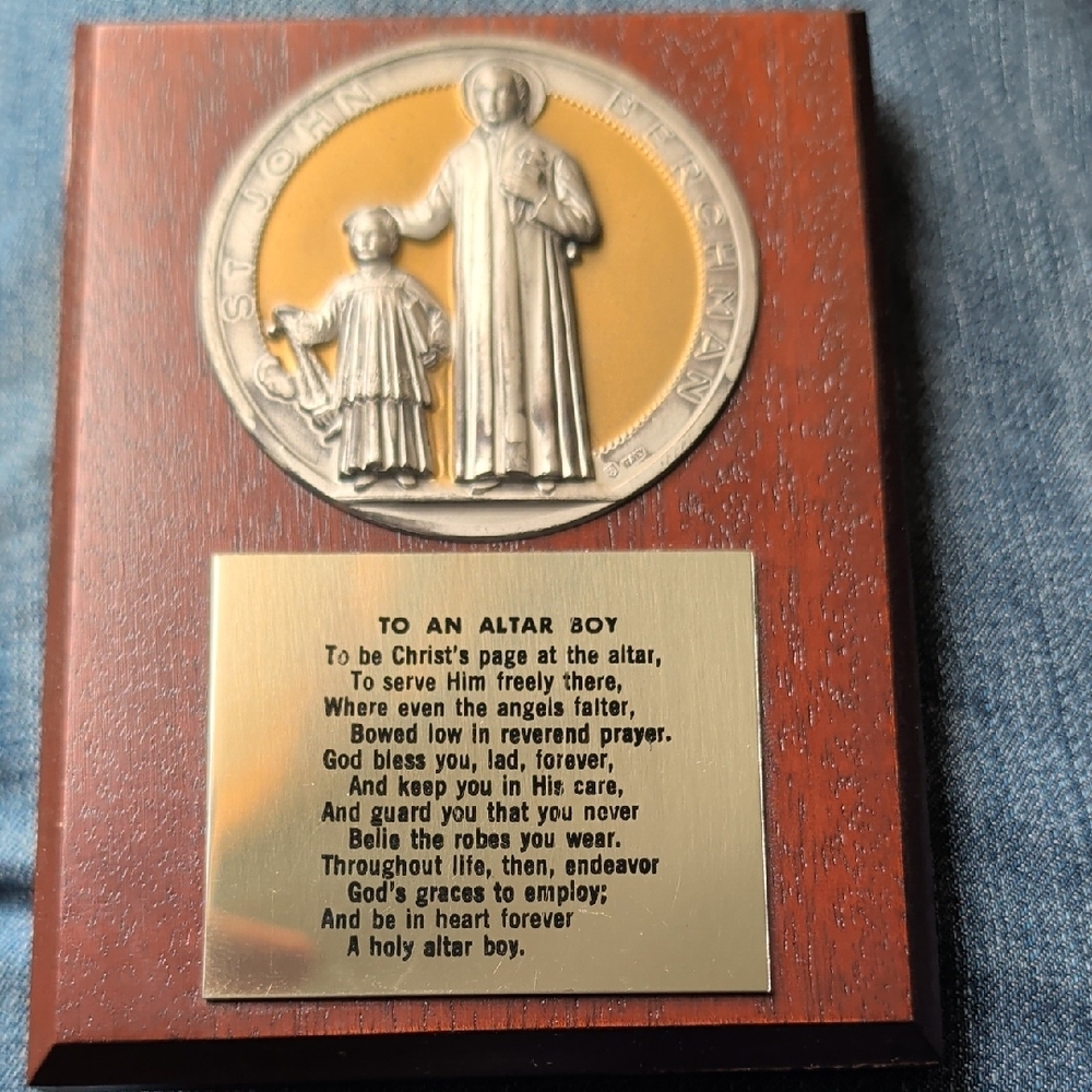 Vintage Saint John Berchman An Altar Boy Prayer Wood Wall Plaque 5” X 3 1/2” - Picture 2 of 3